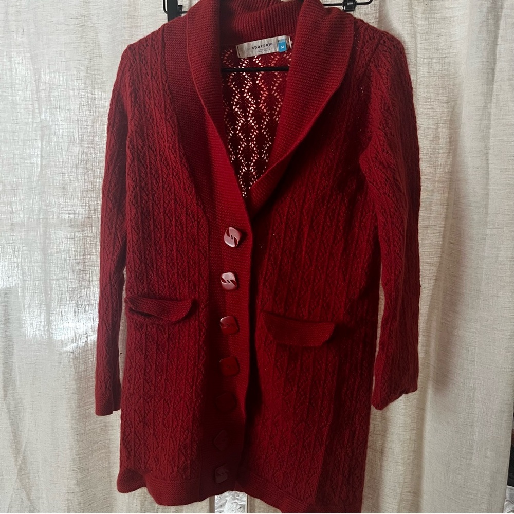 Sparrow Anthropologie Red Shawl Collar Long Cardigan